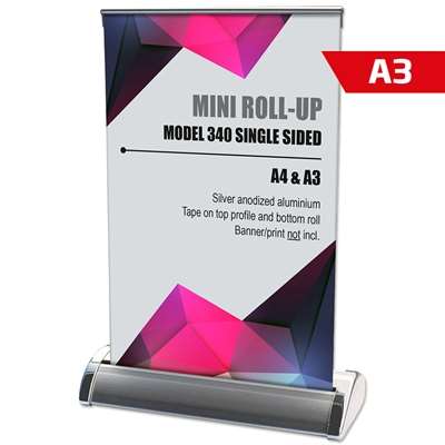 Mini Roll-up, enkeltsidet kassette, sølv, A3, inkl. banner og print