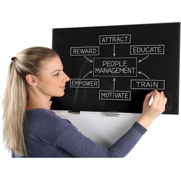 Kvinde tegner på sort glastavle med hvid markør