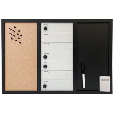 Whiteboard med ugeplan ENGELSK, kork og kridt tavle 60 x 40 cm, inkl. sort magnetisk tush, 4 x sorte 20 mm magneter, 12 sorte nåle og 1 pakke kridt (5 stk.)